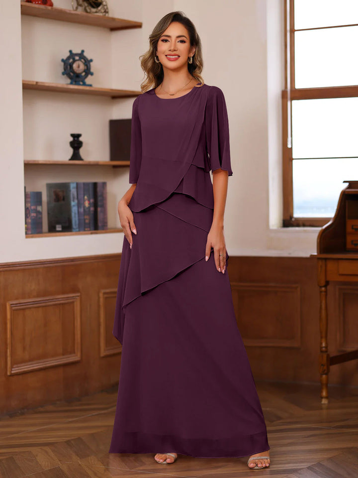 A-Line/Princess Scoop Neck Half Sleeves Floor-Length Mother of the Bride Dresses with Ruffles
