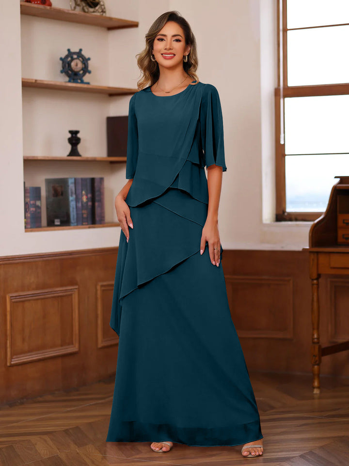 A-Line/Princess Scoop Neck Half Sleeves Floor-Length Mother of the Bride Dresses with Ruffles