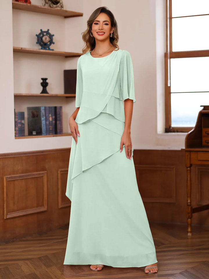 A-Line/Princess Scoop Neck Half Sleeves Floor-Length Mother of the Bride Dresses with Ruffles