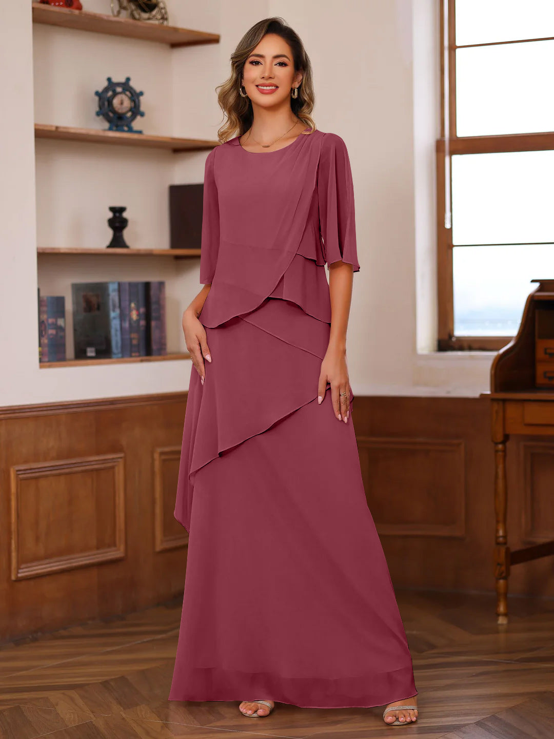A-Line/Princess Scoop Neck Half Sleeves Floor-Length Mother of the Bride Dresses with Ruffles