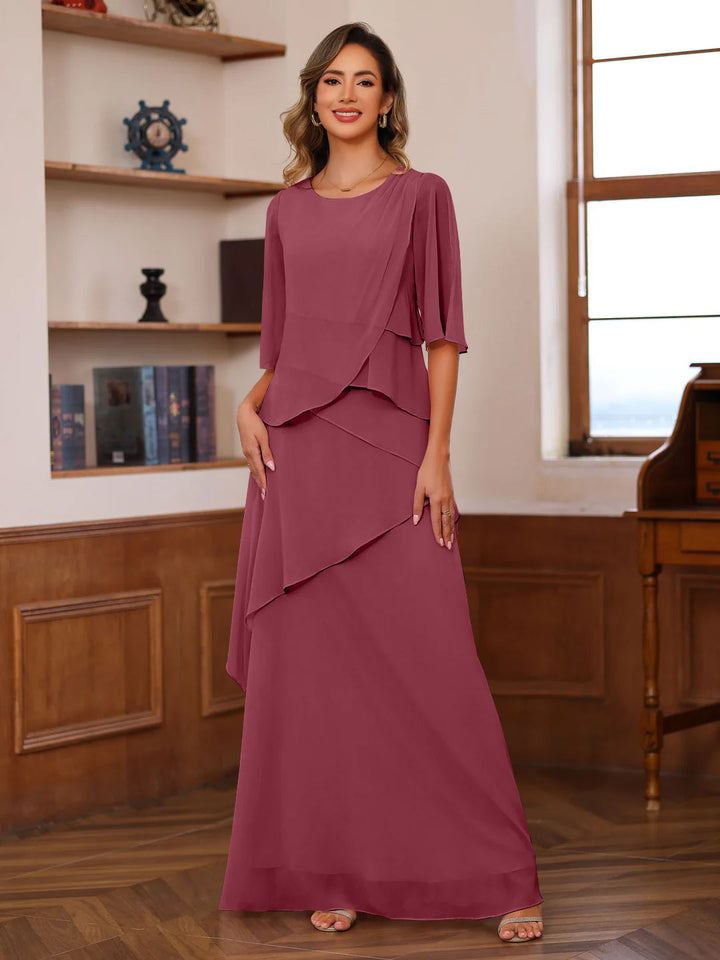 A-Line/Princess Scoop Neck Half Sleeves Floor-Length Mother of the Bride Dresses with Ruffles
