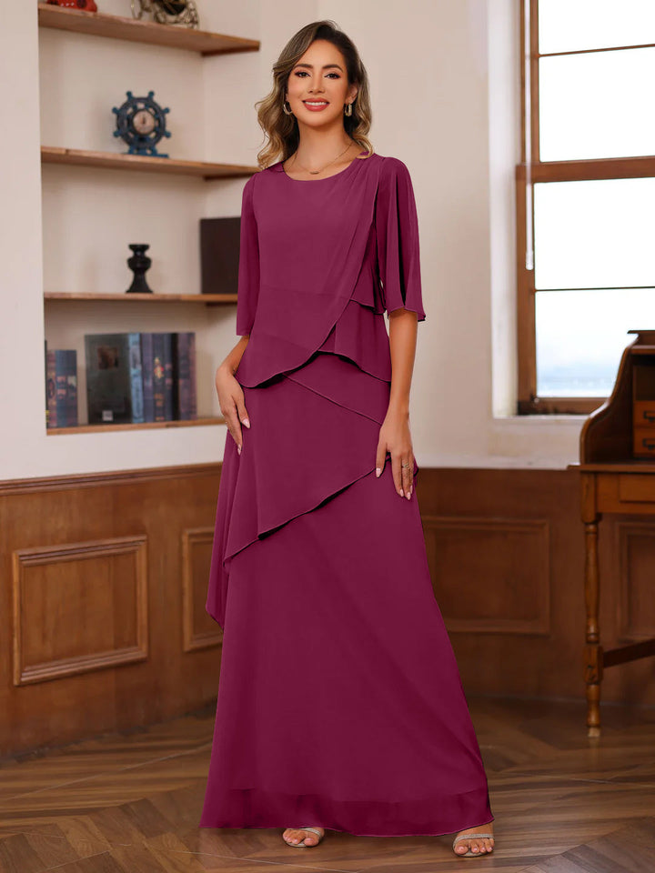 A-Line/Princess Scoop Neck Half Sleeves Floor-Length Mother of the Bride Dresses with Ruffles