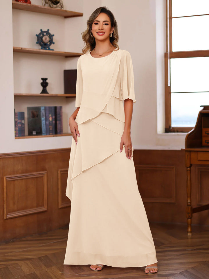 A-Line/Princess Scoop Neck Half Sleeves Floor-Length Mother of the Bride Dresses with Ruffles