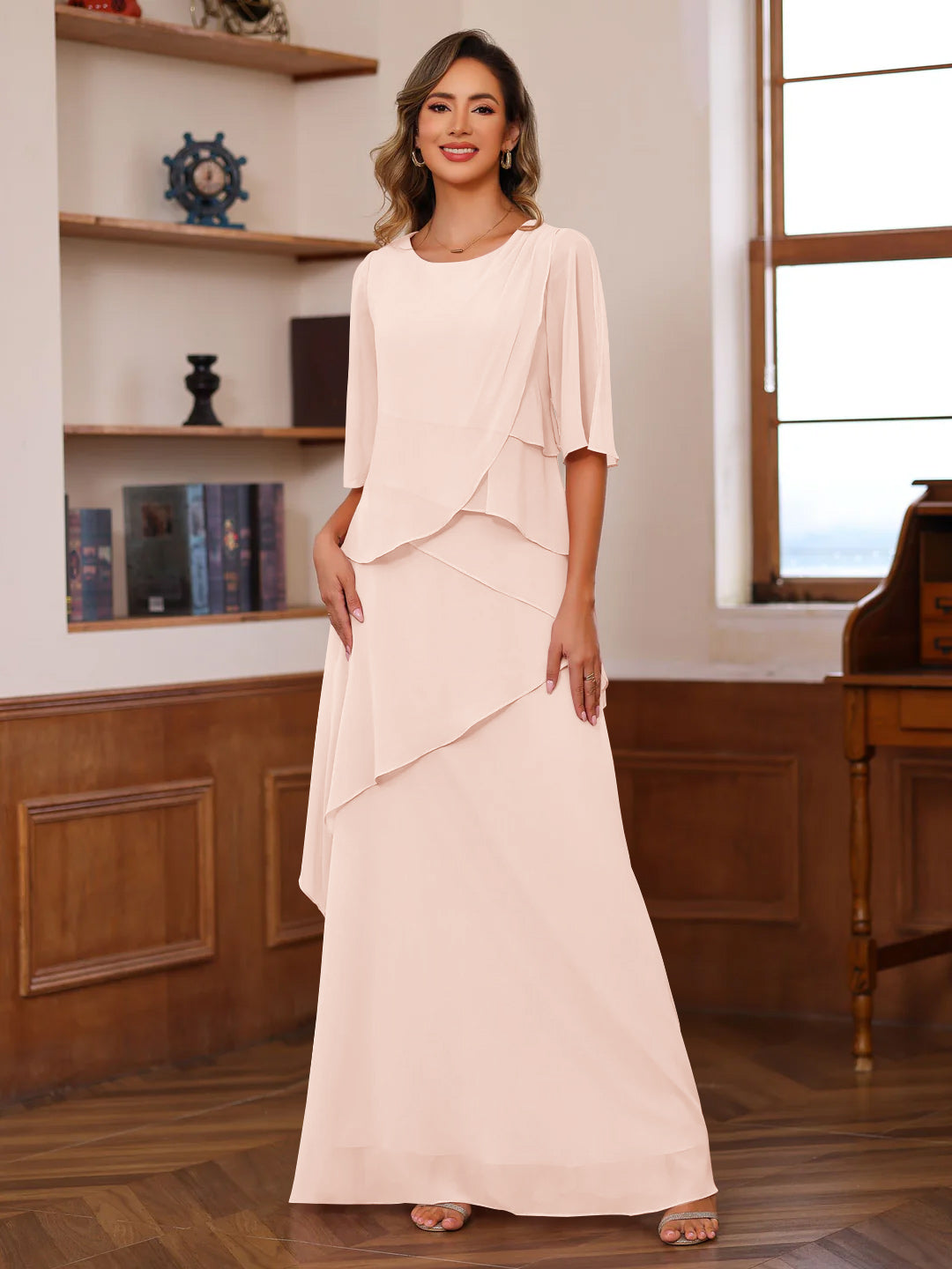 A-Line/Princess Scoop Neck Half Sleeves Floor-Length Mother of the Bride Dresses with Ruffles