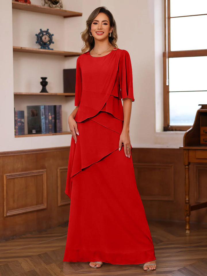 A-Line/Princess Scoop Neck Half Sleeves Floor-Length Mother of the Bride Dresses with Ruffles