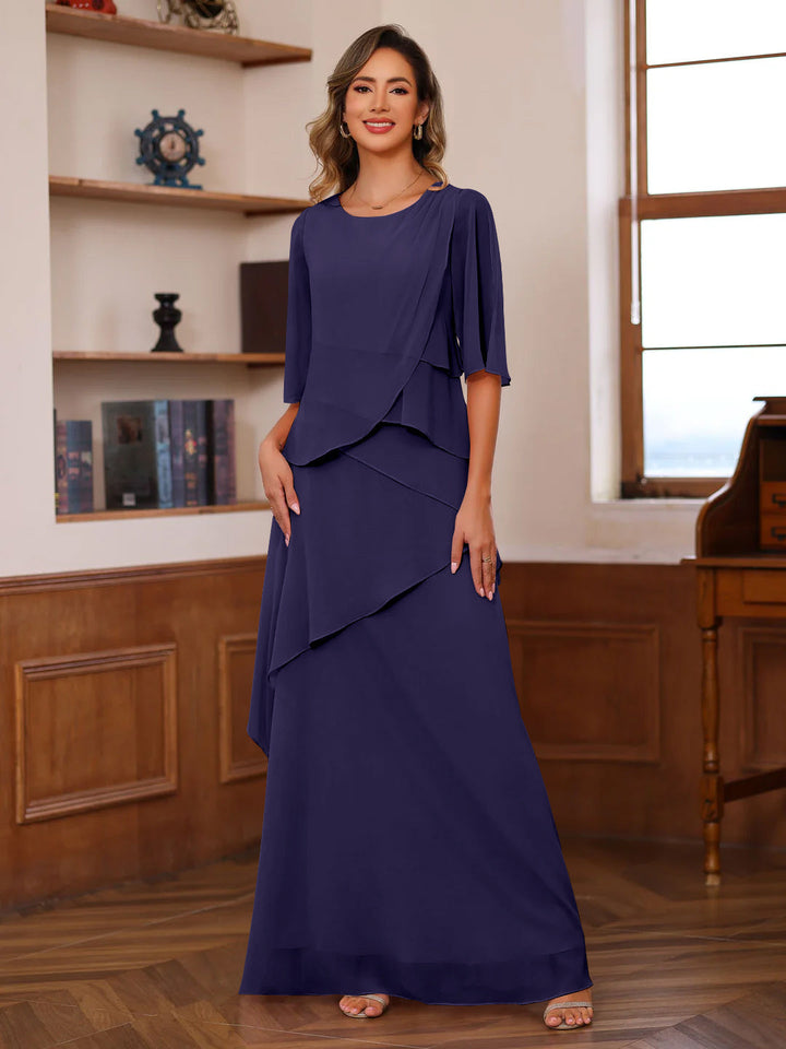 A-Line/Princess Scoop Neck Half Sleeves Floor-Length Mother of the Bride Dresses with Ruffles