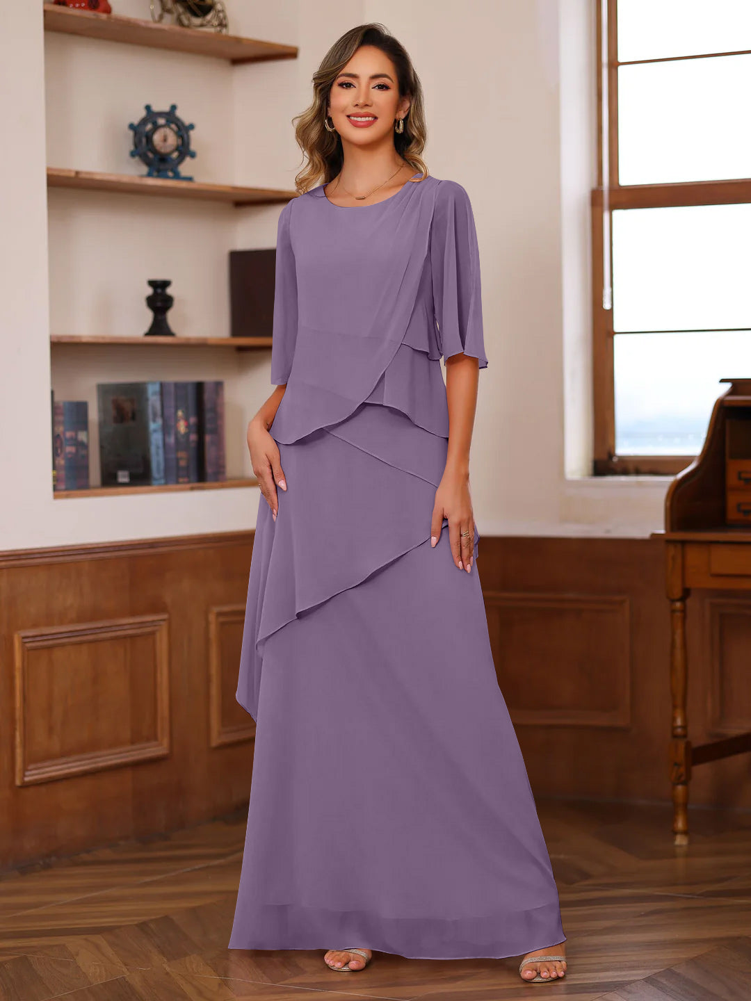 A-Line/Princess Scoop Neck Half Sleeves Floor-Length Mother of the Bride Dresses with Ruffles