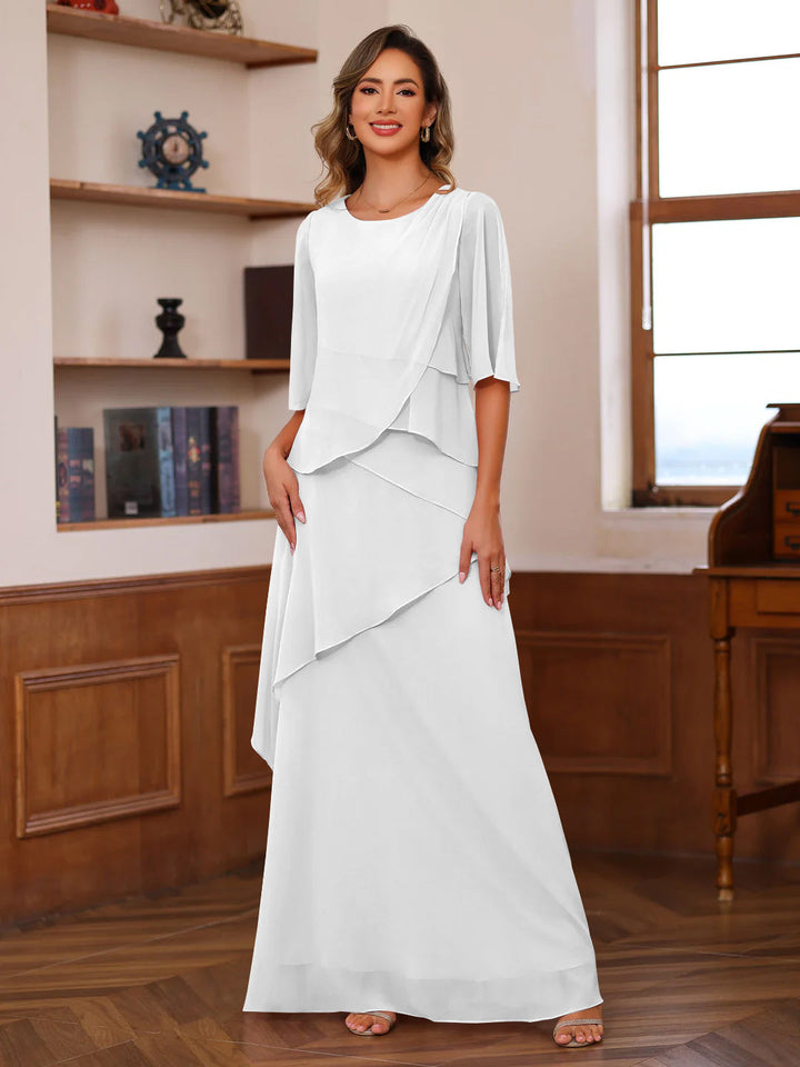 A-Line/Princess Scoop Neck Half Sleeves Floor-Length Mother of the Bride Dresses with Ruffles