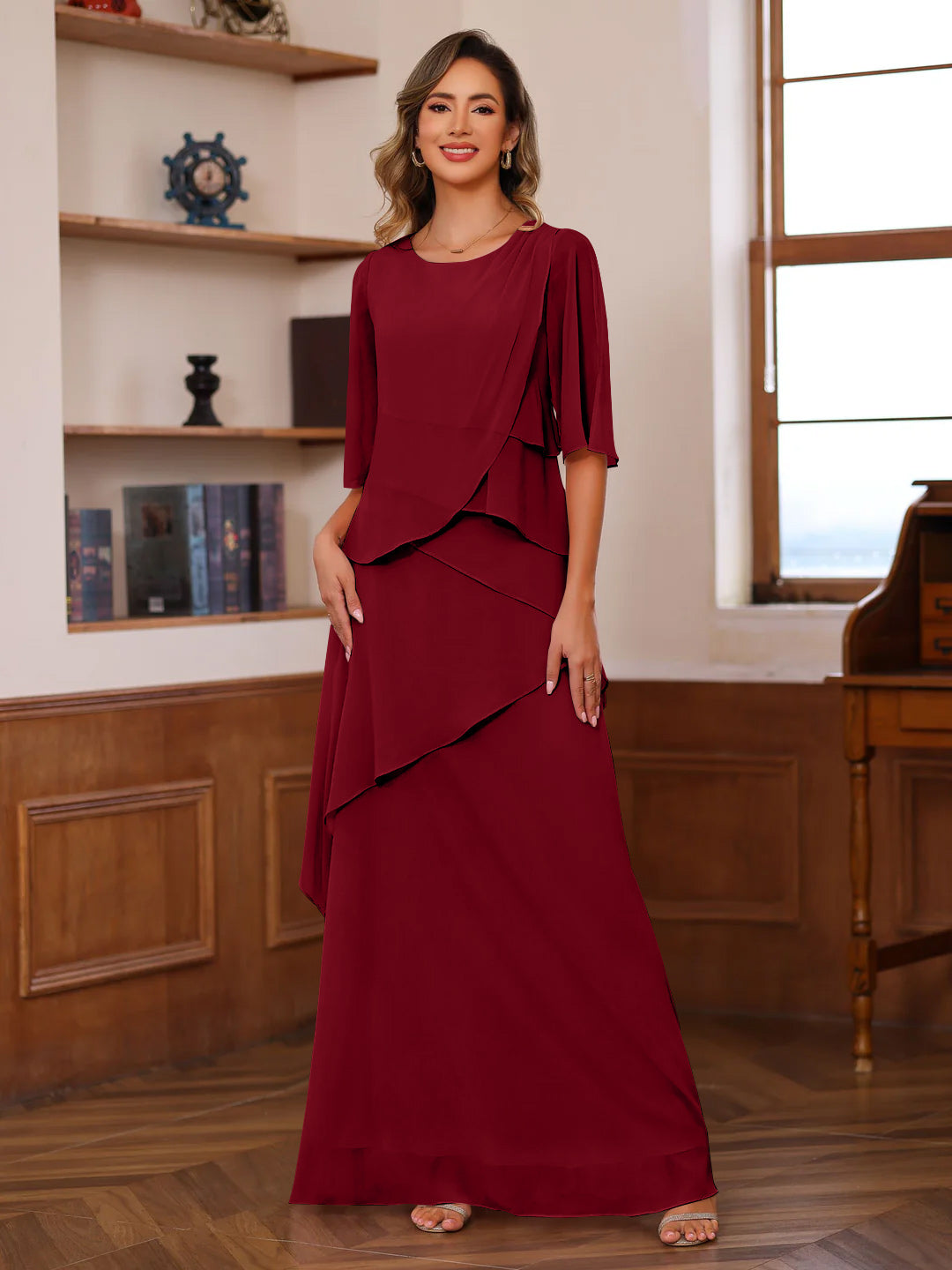 A-Line/Princess Scoop Neck Half Sleeves Floor-Length Mother of the Bride Dresses with Ruffles