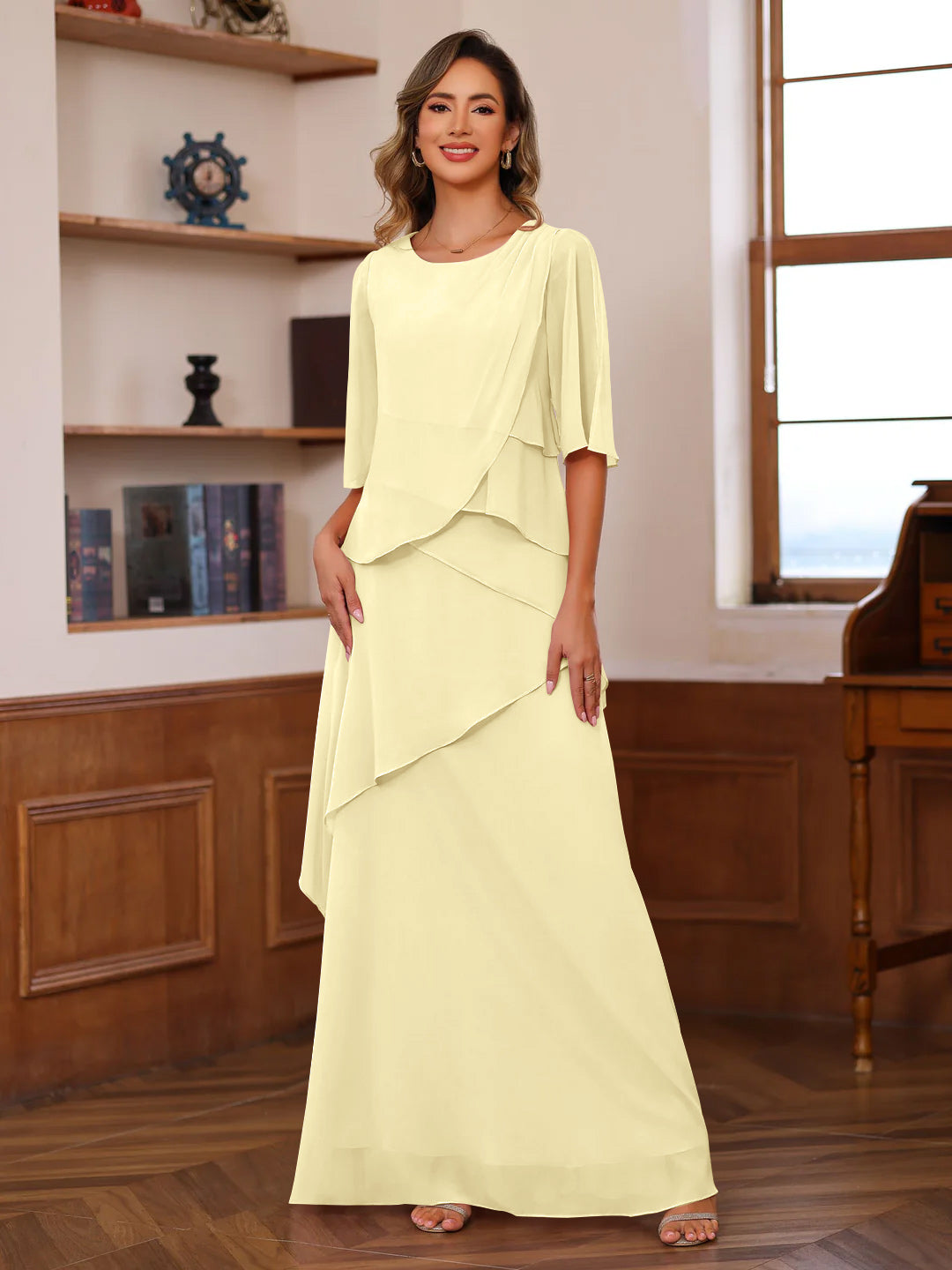 A-Line/Princess Scoop Neck Half Sleeves Floor-Length Mother of the Bride Dresses with Ruffles