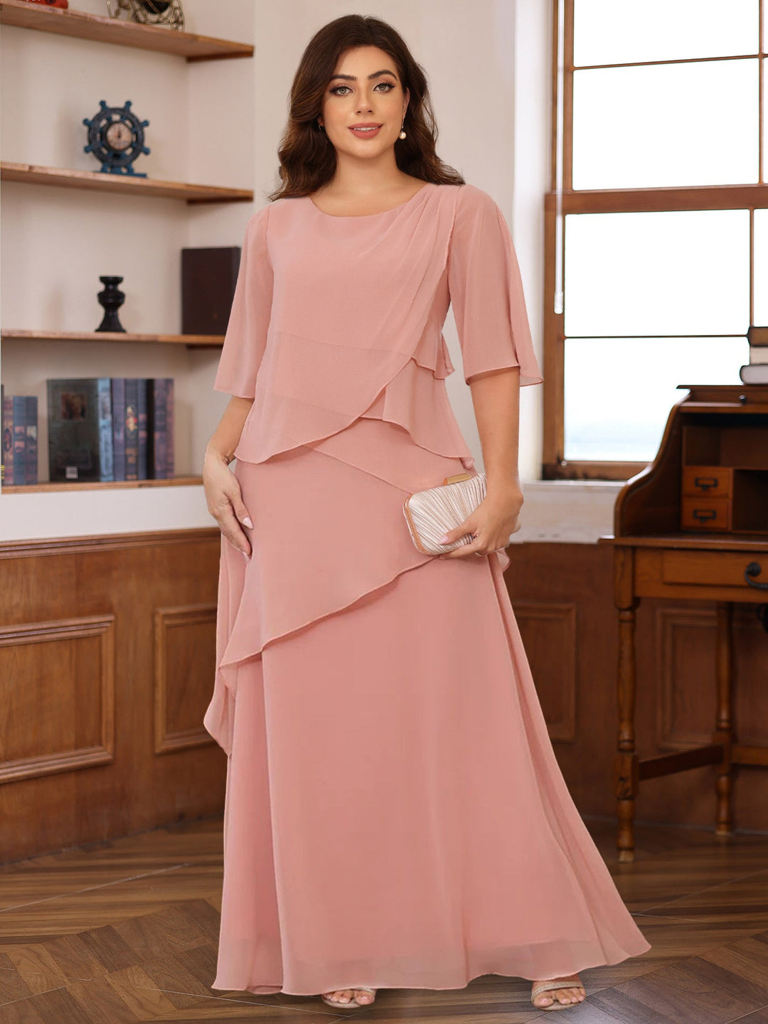 A-Line/Princess Scoop Neck Half Sleeves Floor-Length Mother of the Bride Dresses with Ruffles