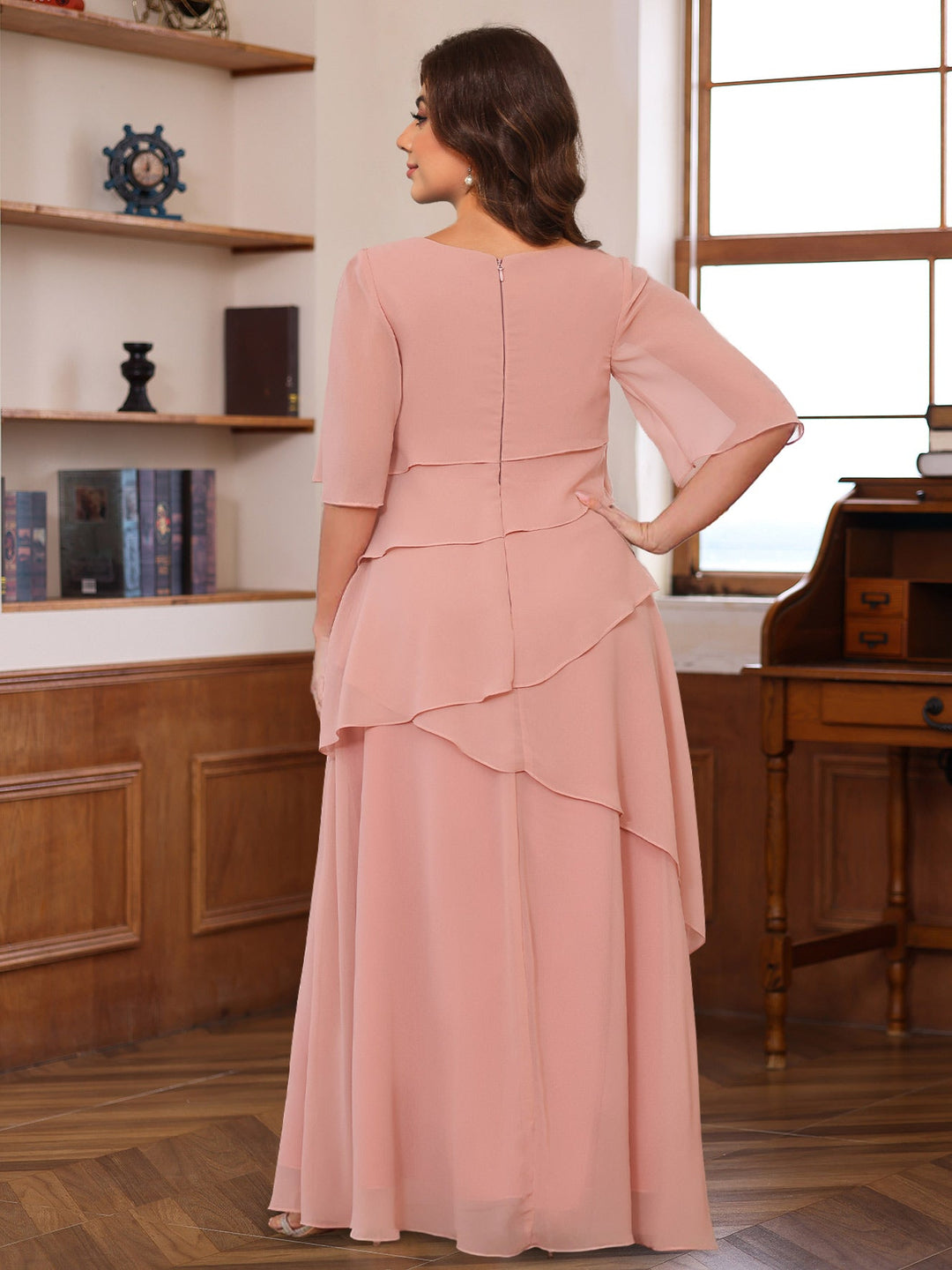A-Line/Princess Scoop Neck Half Sleeves Floor-Length Mother of the Bride Dresses with Ruffles