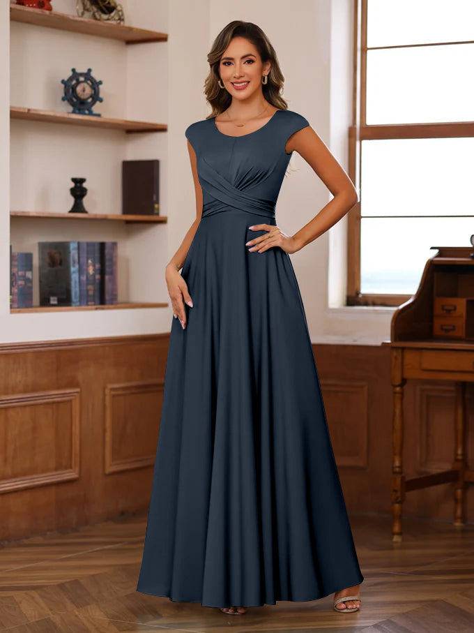 A-Line/Princess Scoop Neck Short Sleeves Floor-Length Mother of the Bride Dresses with Ruffles