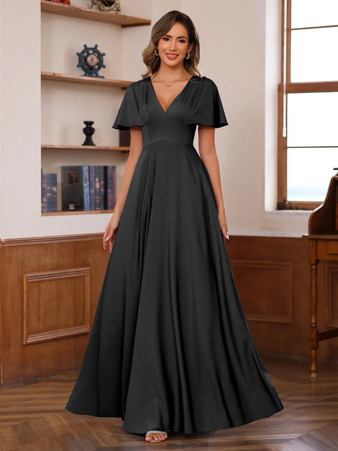 A-Line/Princess V-Neck Short Sleeves Floor-Length Mother of the Bride long Dresses with Ruffles