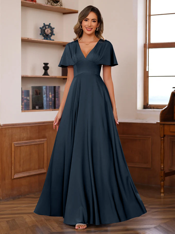 A-Line/Princess V-Neck Short Sleeves Floor-Length Mother of the Bride long Dresses with Ruffles