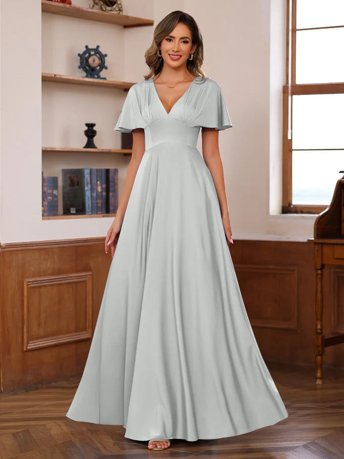A-Line/Princess V-Neck Short Sleeves Floor-Length Mother of the Bride long Dresses with Ruffles