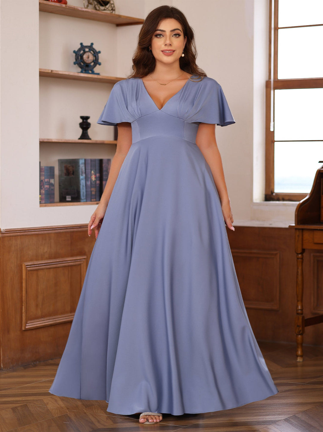 A-Line/Princess V-Neck Short Sleeves Floor-Length Mother of the Bride long Dresses with Ruffles