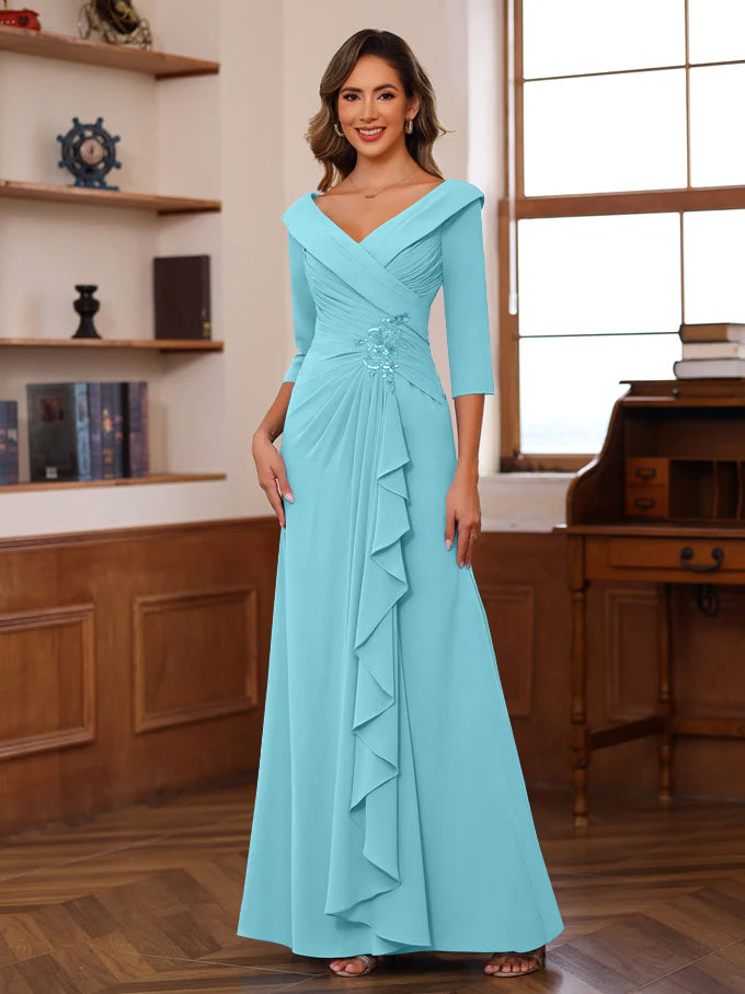 Sheath/Column V-Neck 3/4 Length Sleeves Floor-Length Unique Mother of the Bride Dresses with Ruffles & Appliques