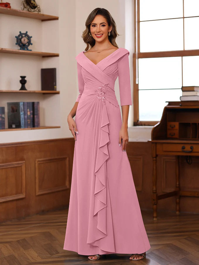 Sheath/Column V-Neck 3/4 Length Sleeves Floor-Length Unique Mother of the Bride Dresses with Ruffles & Appliques