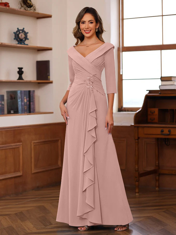 Sheath/Column V-Neck 3/4 Length Sleeves Floor-Length Unique Mother of the Bride Dresses with Ruffles & Appliques
