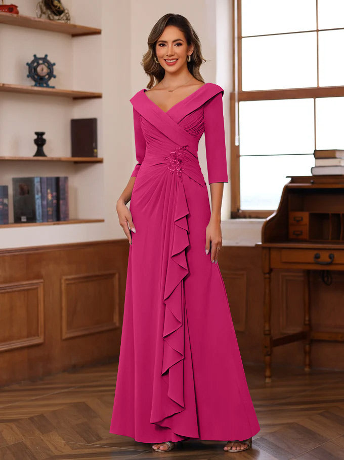 Sheath/Column V-Neck 3/4 Length Sleeves Floor-Length Unique Mother of the Bride Dresses with Ruffles & Appliques