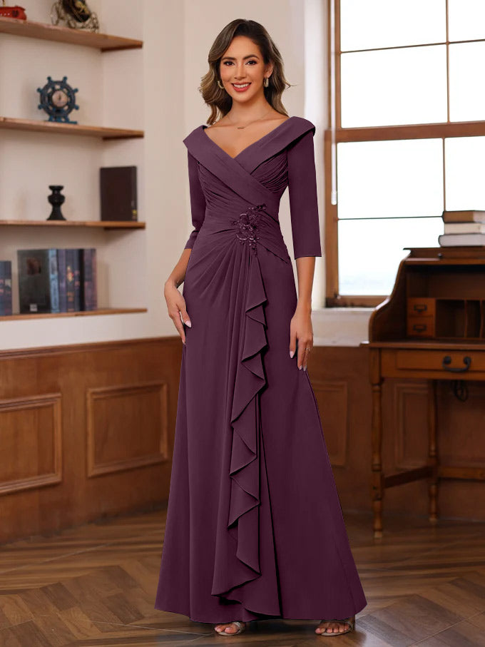 Sheath/Column V-Neck 3/4 Length Sleeves Floor-Length Unique Mother of the Bride Dresses with Ruffles & Appliques