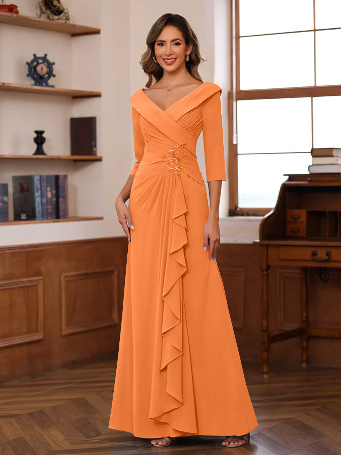 Sheath/Column V-Neck 3/4 Length Sleeves Floor-Length Unique Mother of the Bride Dresses with Ruffles & Appliques