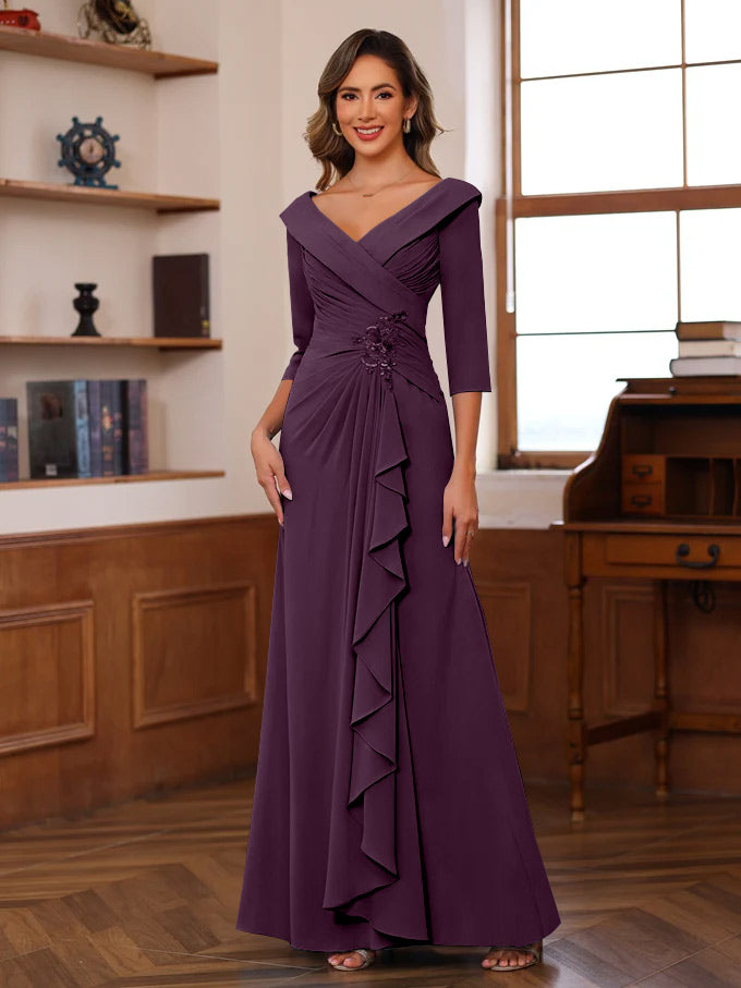 Sheath/Column V-Neck 3/4 Length Sleeves Floor-Length Unique Mother of the Bride Dresses with Ruffles & Appliques
