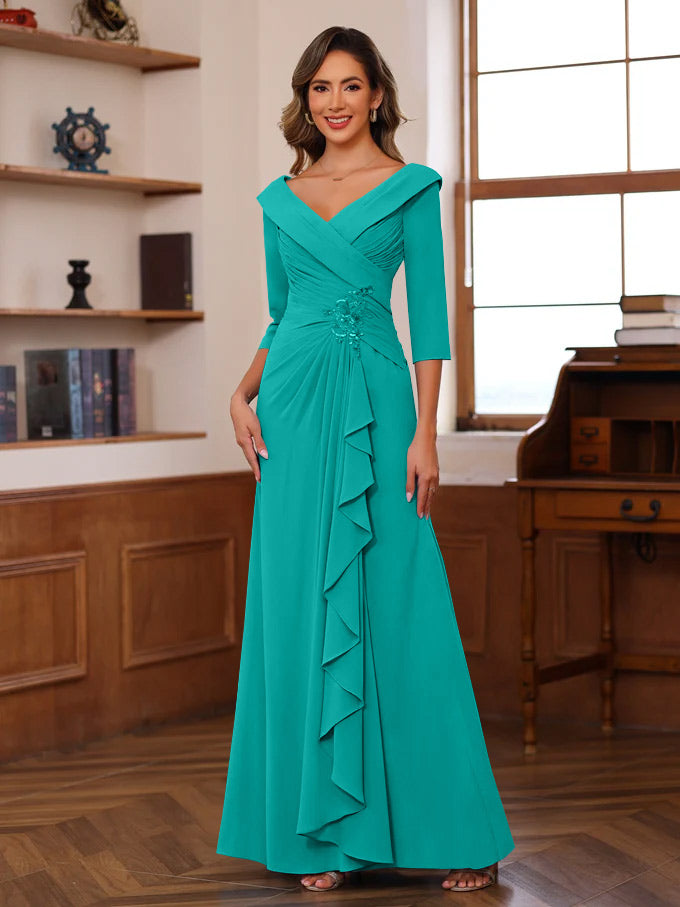 Sheath/Column V-Neck 3/4 Length Sleeves Floor-Length Unique Mother of the Bride Dresses with Ruffles & Appliques