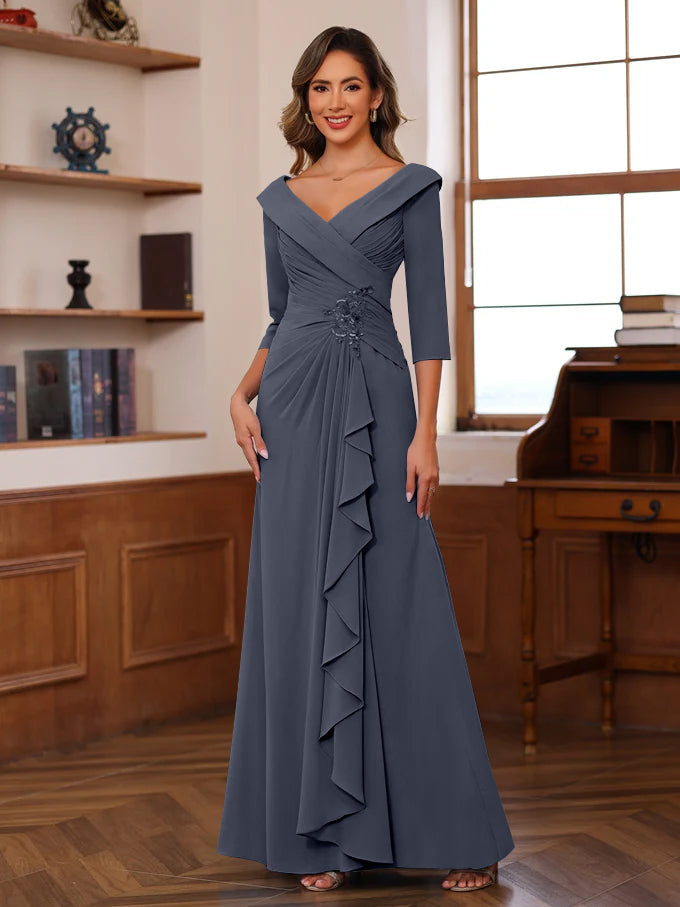 Sheath/Column V-Neck 3/4 Length Sleeves Floor-Length Unique Mother of the Bride Dresses with Ruffles & Appliques