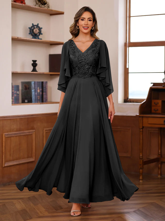 A-Line/Princess V-Neck 2 Pics Floor-Length Mother of the Bride Dresses with Appliques & Wrap