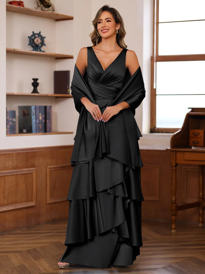 A-Line/Princess V-Neck Sleeveless Floor-Length Mother of the Bride Dresses With Ruffles & Wrap