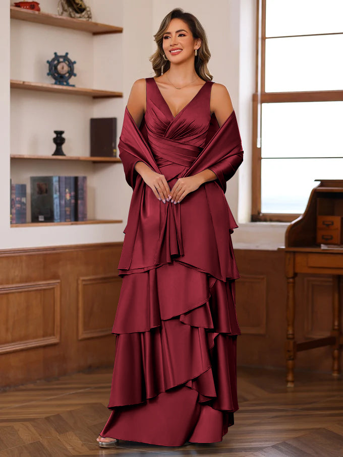 A-Line/Princess V-Neck Sleeveless Floor-Length Mother of the Bride Dresses With Ruffles & Wrap