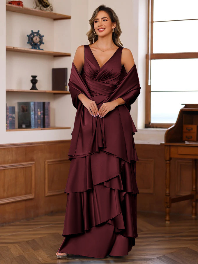 A-Line/Princess V-Neck Sleeveless Floor-Length Mother of the Bride Dresses With Ruffles & Wrap