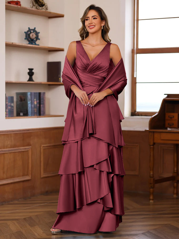 A-Line/Princess V-Neck Sleeveless Floor-Length Mother of the Bride Dresses With Ruffles & Wrap