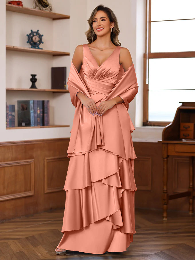 A-Line/Princess V-Neck Sleeveless Floor-Length Mother of the Bride Dresses With Ruffles & Wrap