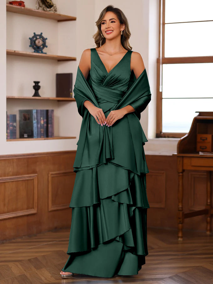 A-Line/Princess V-Neck Sleeveless Floor-Length Mother of the Bride Dresses With Ruffles & Wrap
