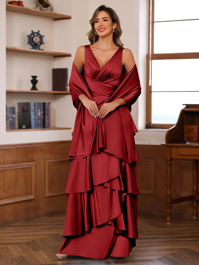 A-Line/Princess V-Neck Sleeveless Floor-Length Mother of the Bride Dresses With Ruffles & Wrap