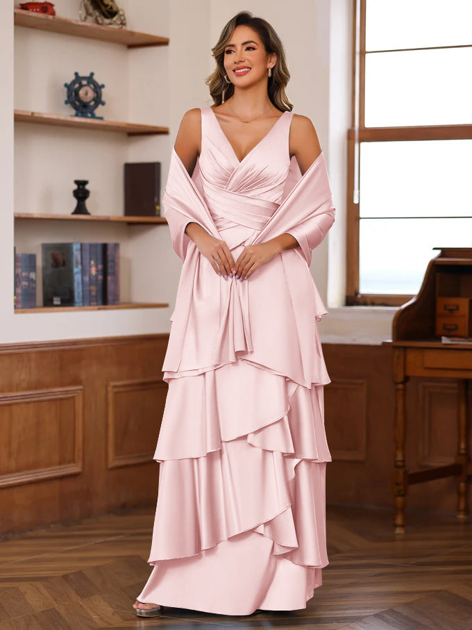 A-Line/Princess V-Neck Sleeveless Floor-Length Mother of the Bride Dresses With Ruffles & Wrap