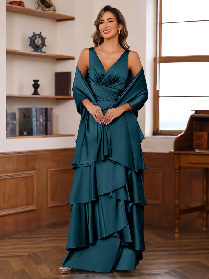 A-Line/Princess V-Neck Sleeveless Floor-Length Mother of the Bride Dresses With Ruffles & Wrap