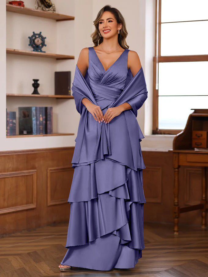 A-Line/Princess V-Neck Sleeveless Floor-Length Mother of the Bride Dresses With Ruffles & Wrap