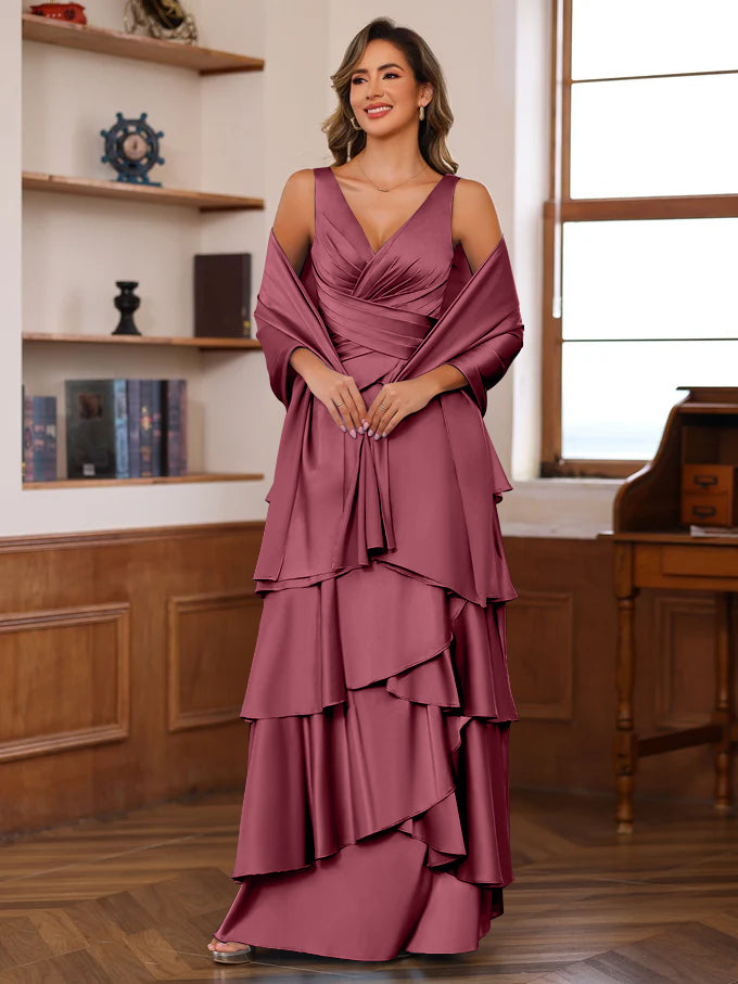 A-Line/Princess V-Neck Sleeveless Floor-Length Mother of the Bride Dresses With Ruffles & Wrap
