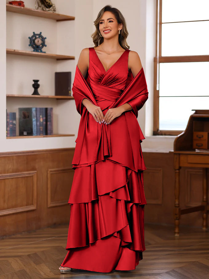A-Line/Princess V-Neck Sleeveless Floor-Length Mother of the Bride Dresses With Ruffles & Wrap