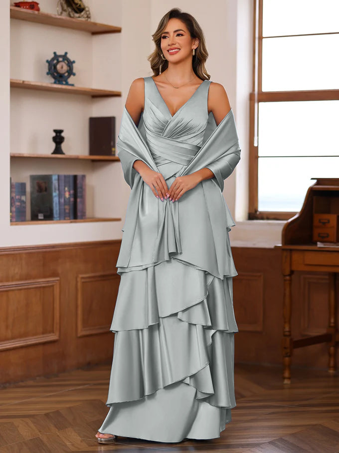 A-Line/Princess V-Neck Sleeveless Floor-Length Mother of the Bride Dresses With Ruffles & Wrap