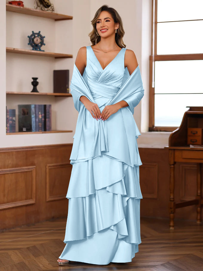A-Line/Princess V-Neck Sleeveless Floor-Length Mother of the Bride Dresses With Ruffles & Wrap