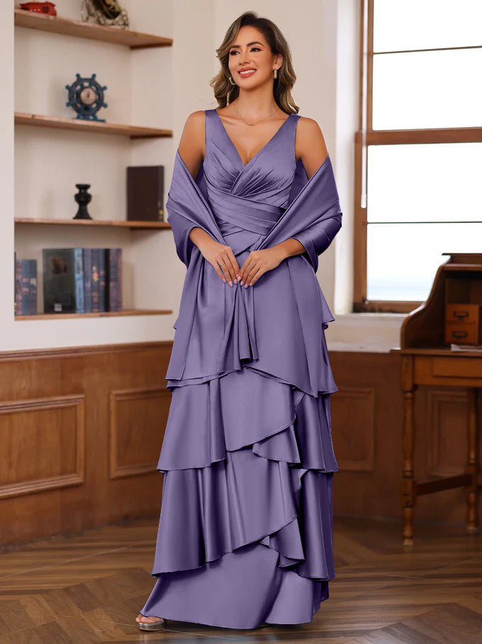 A-Line/Princess V-Neck Sleeveless Floor-Length Mother of the Bride Dresses With Ruffles & Wrap