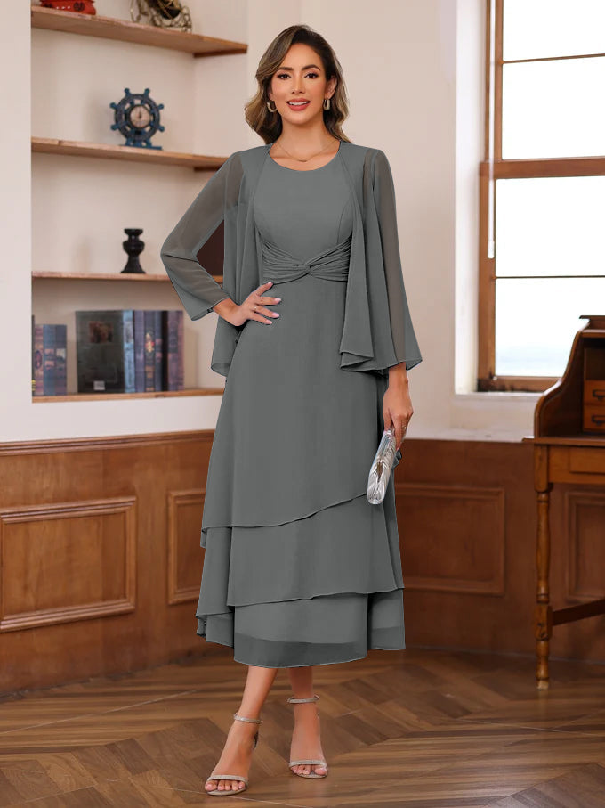 A-Line/Princess Scoop Neck 2 Pcs Tea-Length Mother of the Bride Dresses with Ruffles & jacket