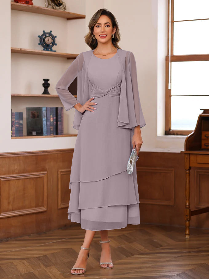 A-Line/Princess Scoop Neck 2 Pcs Tea-Length Mother of the Bride Dresses with Ruffles & jacket