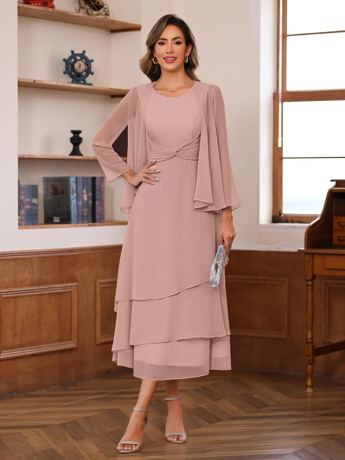 A-Line/Princess Scoop Neck 2 Pcs Tea-Length Mother of the Bride Dresses with Ruffles & jacket