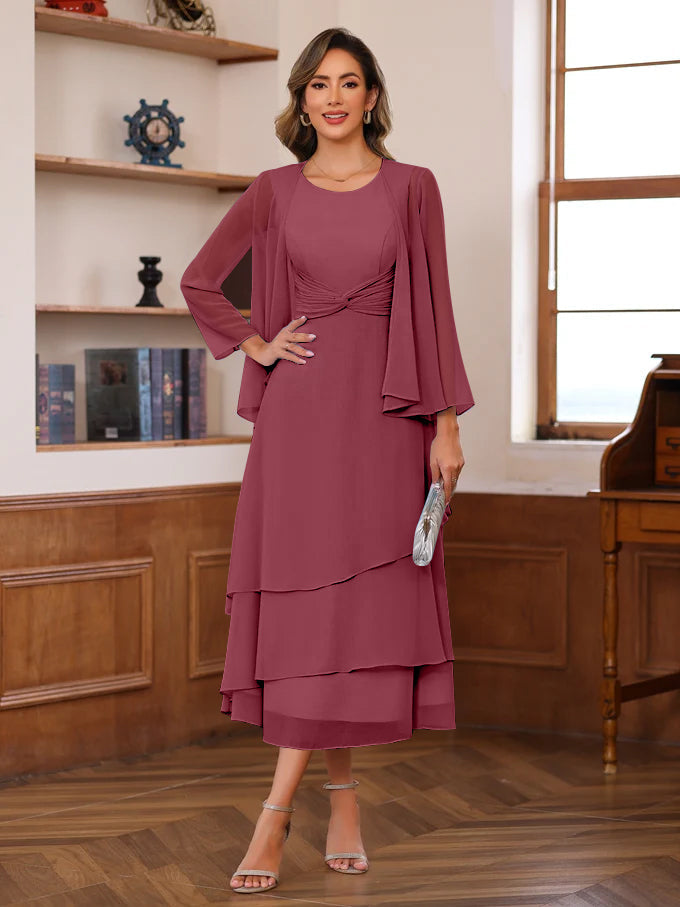 A-Line/Princess Scoop Neck 2 Pcs Tea-Length Mother of the Bride Dresses with Ruffles & jacket